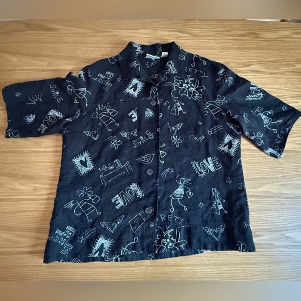 Chico's Black/White Art Silk/Linen Button Down Shirt Chico's 2 Large‎ - Picture 2 of 5